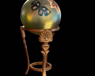 Vintage ORIENT & FLUME Art Glass BUTTERFLY Paperweight on Ornate Brass Stand