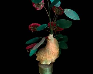 Plaster Conch Shell Base with Faux Glass Flowering Plant
