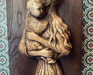 Vintage Faux Wood Cast Resin Sculpture of Mary and Baby Jesus Wall Hanging