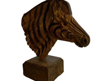 Hand Carved Wood Zebra Bust on Wood Stand