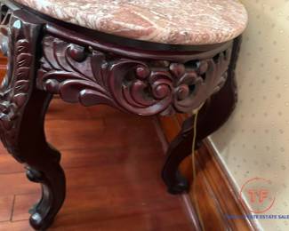 Victorian Style Marble Topped Hand Carved Side Table (1 OF 2)