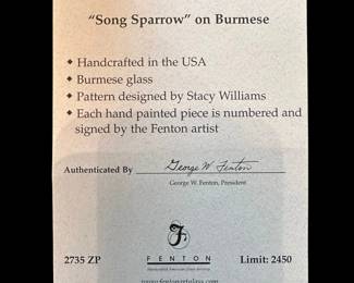 FENTON Limited Edition Song Sparrow Burmese Vase