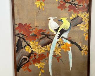 Vintage Original Oil on Canvas Chinese Bird Scene