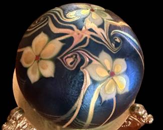 Vintage ORIENT & FLUME Art Glass Paperweight on Ornate Brass Stand