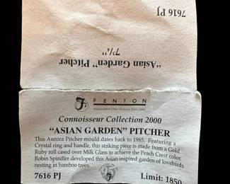 FENTON Limited Edition Asian Garden Pitcher - Signed by TOM FENTON