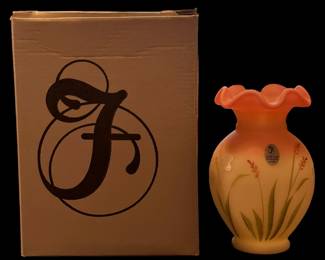 FENTON Limited Edition Dragonfly Dalliance Burmese Glass Vase