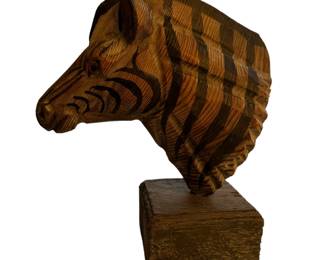 Hand Carved Wood Zebra Bust on Wood Stand