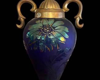 FENTON Limited Edition Art Glass Urn with Metal Gilded Handle and Top by MARTHA REYNOLDS
