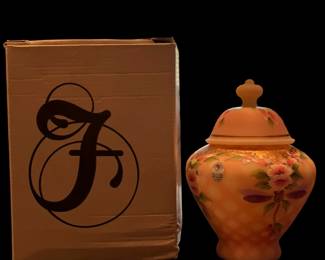 FENTON Limited Edition Burmese Glass Dragonfly Delight Temple Jar