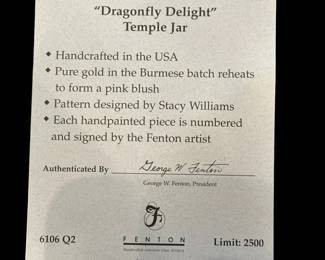 FENTON Limited Edition Burmese Glass Dragonfly Delight Temple Jar