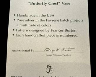 FENTON Limited Edition Favrene Glass Butterfly Crest Vase