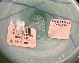 FENTON Limited Edition Hanging Hearts on Green Opalescent Pitcher with Cobalt Blue Base - Signed by TOM FENTON