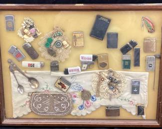 VTG. LIGHTERS & COLLECTIBLES IN DISPLAY CASE