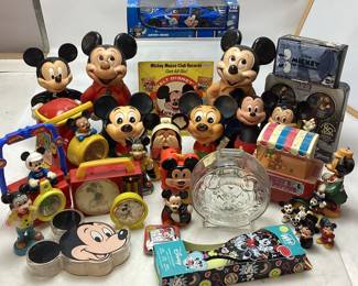 ASSORTED VTG. DISNEY MICKEY MOUSE COLLECTIBLES, FIGURINES, PES, CLOCKS, GLASS, RACE CAR, TOYS,