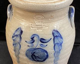 BLUE DECORATED JAR & LID SIGNED ROWE