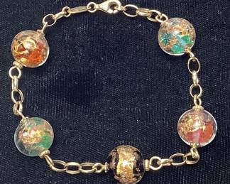 14KT YELLOW GOLD MURANO GLASS BEAD BRACELET