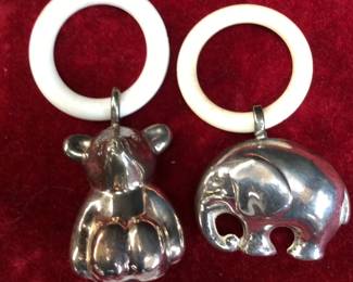SILVER BABY RATTLES BEAR & ELEPHANT
