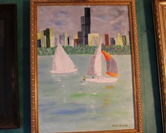 Signed and framed oil on canvas of Chicago skyline with sailboats in foreground 