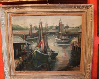 Signed oil on canvas, harbor/dock scene