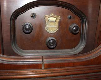Detail on the Atwater Kent Radio in its original cabinet with sliding doors