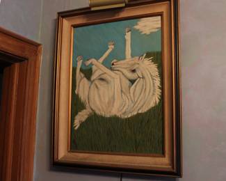 Oil on canvas, framed, white horse rolling on its back