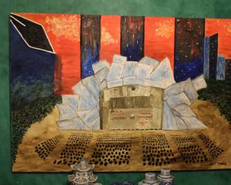 Large signed oil on canvas showing a theatre production, unframed