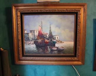 Signed oil on canvas, framed, boats anchored near the coast
