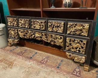 Wonderful hand carved wood Chinese gilt decorated architectural element with multiple panels 