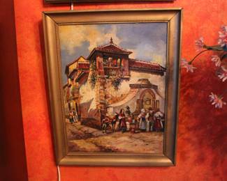 Framed oil on canvas, street scene with peasants