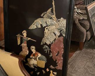 Large vintage Chinese carved hard stone on wood panel