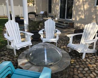 Leisure Line White Adirondack Chairs, Fire Pit Cover