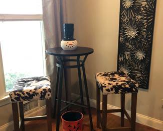 Bistro Set - Table w/ 2 Faux Cow Hide Stools, Wall Decor