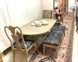 Table, bench and chairs, extra leaves as well