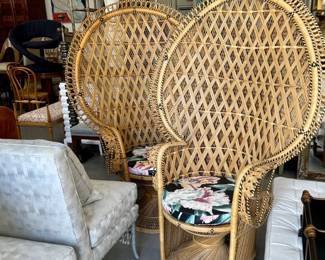 pair buri wicker peacock fan chairs