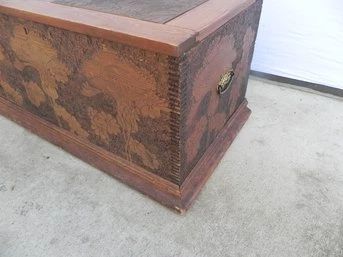 Antique Pyrography, Tramp Art Trunk, Box, Storage Chest, Early 1900's, Old Crates - 36.5 X 19.5 X 16.75