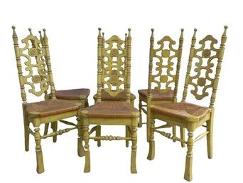 1960s Hacienda Style Rush Seat Dining Chairs - Set Of 6 - Yellow/gold In Color Antique Finish, Rush Seats
