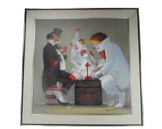 "poker Game" By Robert Owen, Polk County Missouri, Clowns Playing Cards, Oil On Canvas, Approx 36x36