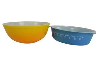 Pyrex - 1 Pineapple Party, Promo Mixing Bowl, 1 Snowflake Casserole Dish, Vintage, Mid-century