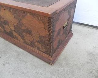 Antique Pyrography, Tramp Art Trunk, Box, Storage Chest, Early 1900's, Old Crates - 36.5 X 19.5 X 16.75