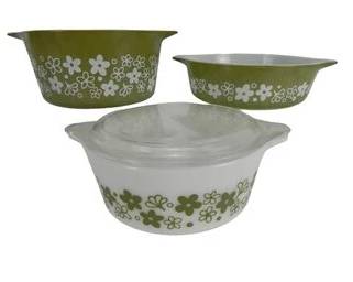 3 Pyrex Casserole Dishes, Green Spring Blossom, White Spring Blossom, 1 Clear Lid, Vintage, Mid-century, Lucy