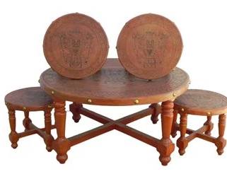 Stunning Handmade Tooled Leather Low Table, Coffee Table With 4 Matching Stools - Lima Peru Cesar Sotomayor