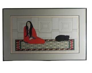 Will Barnet Lithograph Soliloquy - Woman On Persian Rug With Black Cat, AP, Artist Proof, 33 Wide - 21 Tall