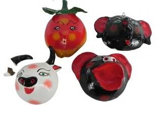 Mexican Folkart Clay Coconut Heads Masks - Set Of 4 - Folk Art - Mexico - Hand Painted And Decorated.