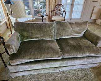 Two dusty green velour Henredon sofas