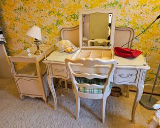 French provincial vanity, twin bedframe and table