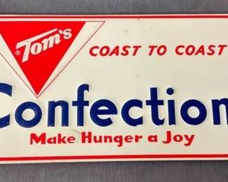 EMB. TOM'S CONFECTIONS RACK SIGN 