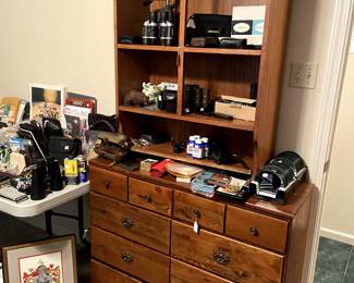 Nice dresser, small hutch top, binoculars.