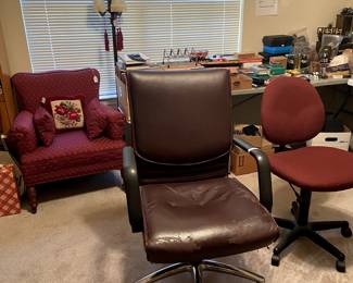 Office chairs, club chair, antique floor lamp.