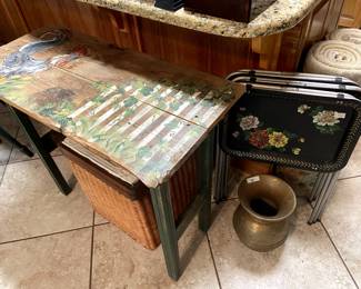 Rustic painted table, vintage TV trays, brass spittoon.