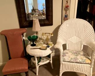 Beautiful Prayer chair and white wicker chair with matching table.